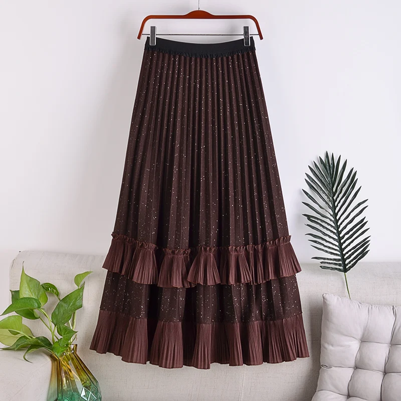 

2021New Autumn Winter Vintage Panelled Pleated Skirt Women Fashion Patchwork Slim High Waist Skirt