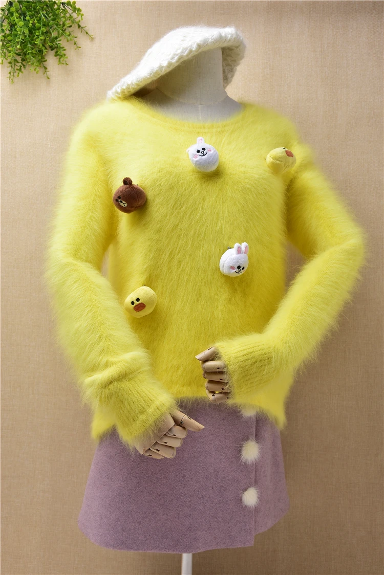 

Sweet cute doll pull femme women yellow mink angora rabbit fur slim pullover out wear sweater winter jumper crop top coat