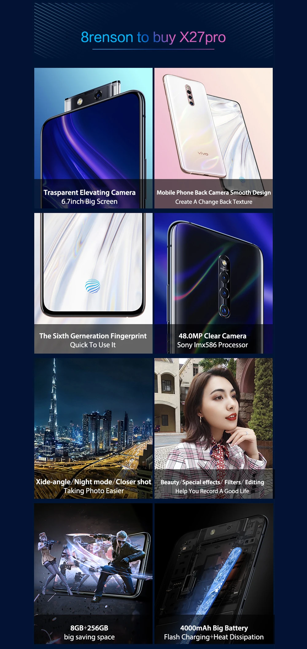 vivo X27 Pro, подъемная камера, 6. 7 дюймов, фронтальная, 32 МП, камера заднего вида, 8 ГБ, 256 ГБ, Восьмиядерный экран, отпечаток пальца, 4G, мобильный телефон