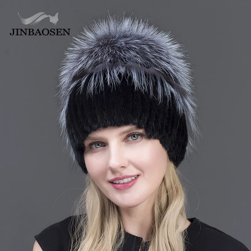 JINBAOSEN/женская вязаная норковая меховая шапка стильная женская с помпон из