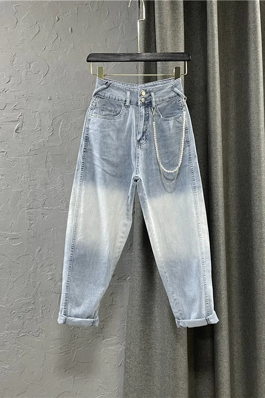 

2021 Summer Loose Large Size Gradient Denim Pants for Women Light Blue Loose High Waist Daddy Jeans Female Baggy Trousers