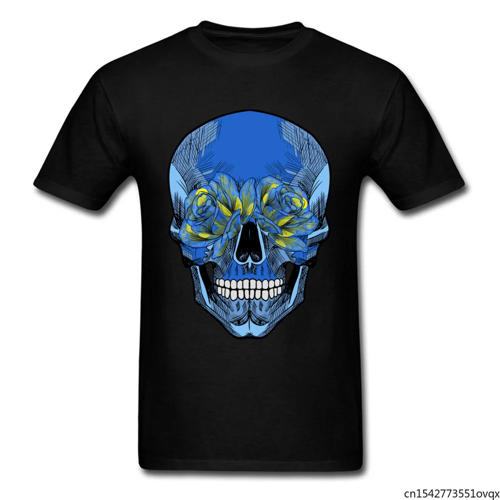 

Blue Flower Rose Dead Skull Printed On T Shirt For Men Summer Tee Shirt Hip Hop Fashion Punk Tshirt