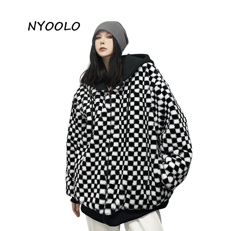 

NYOOLO Winter Thick Warm Boyfriend Coats Harajuku Streetwear Classic Plaid Lambswool Zipper Hooded Padded Jacket Women Clothing