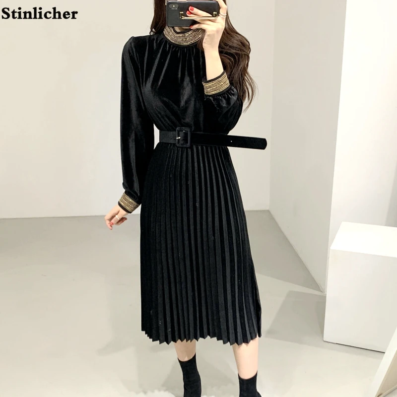 

Women's Velvet Dress Autumn Winter Fashion Ladies Chic Belt Tunics Stand Collar Pleated Long Party Dress Women Casual Midi Robe