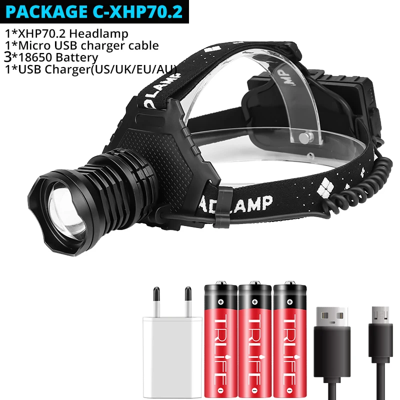Option C Самый мощный XHP70.2 USB Перезаряжаемый светодиодный налобный фонарь очень яркий фонарь XHP50 Охота Велоспорт Lanterna Водонепроницаемый использование 3x18650 - Испускаемый цвет: Option C