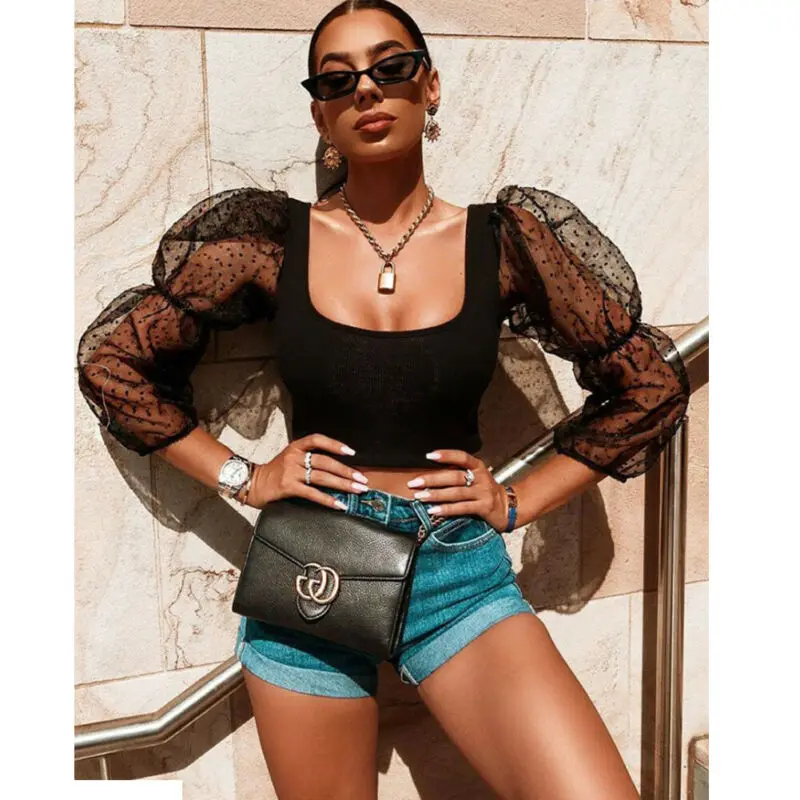 Новинка женская прозрачная сетчатая блузка топ короткие рубашки прозрачные в