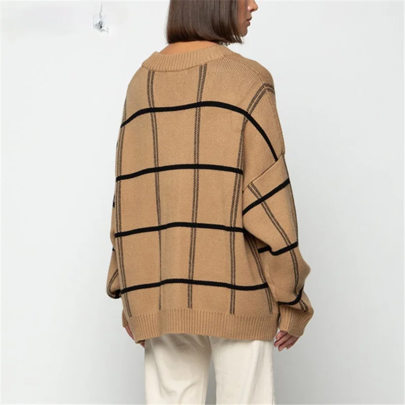 

Plaid Cardigan Sweater Women 's 2021 Youth Spring Nnd Autumn V-Neck Lantern Sleeve Casual Loose Knitted Top