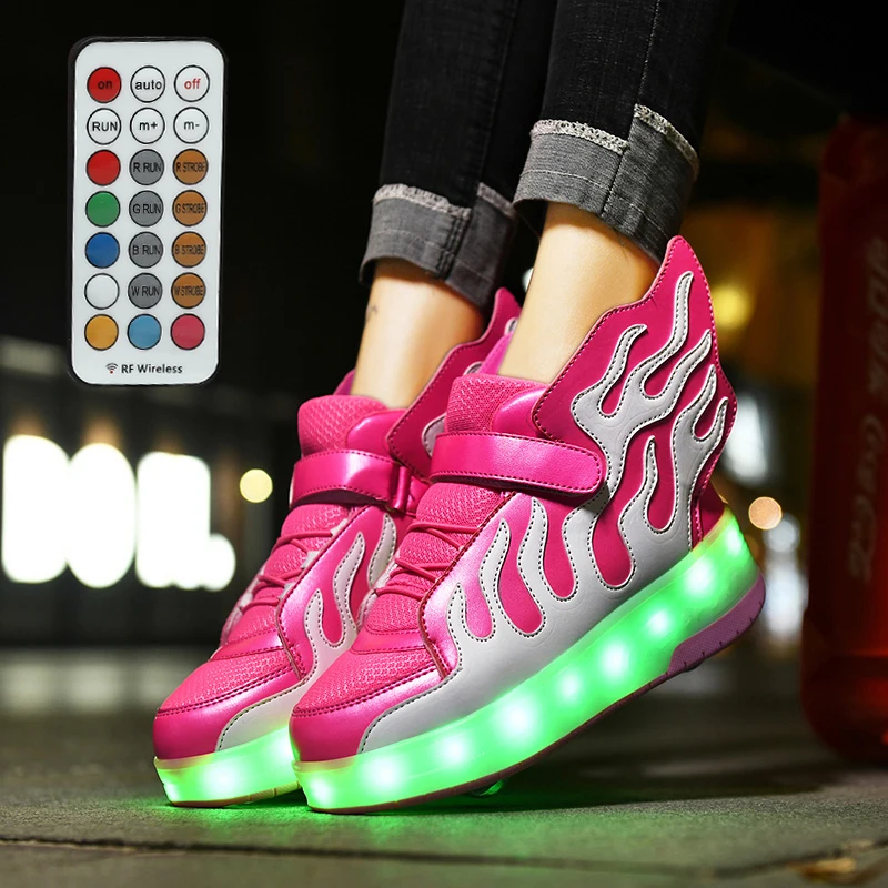 

Pink 2021 New USB Charging Children Sneakers remote control Girls Boys Led Shoes Kids Sneakers With Wheels Roller Skate Shoes