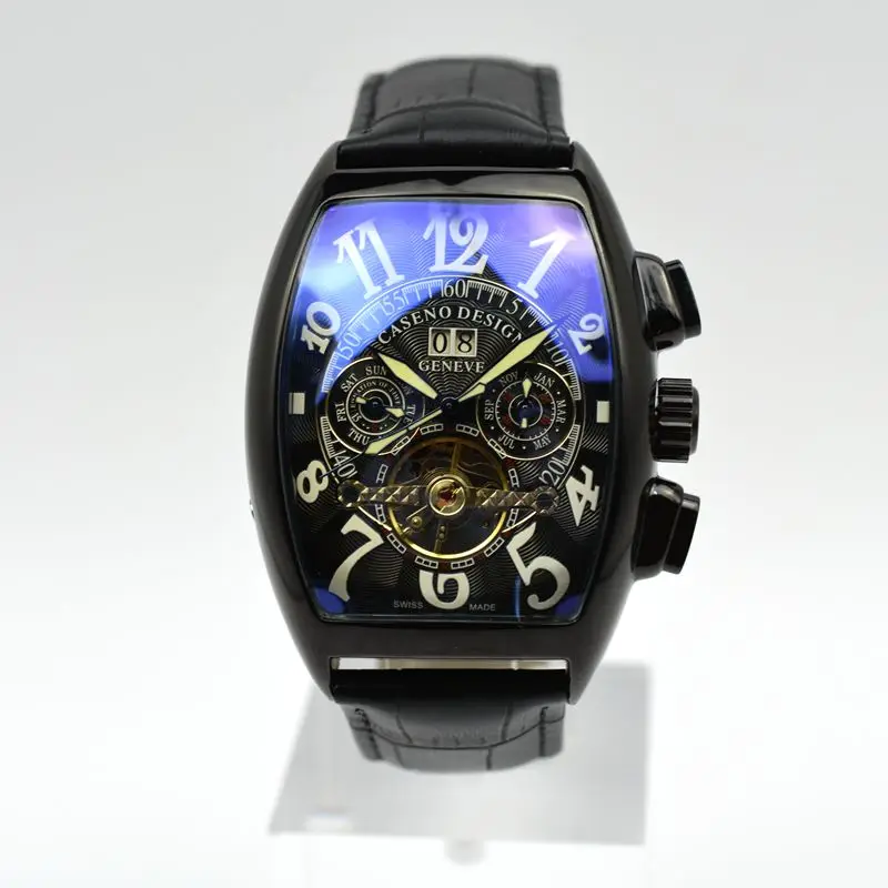 CASENO бренд Роскошный кожаный ремешок tourbillon Мужские механические часы дропшиппинг день Дата Скелет Мужские часы с автоматическим подзаводом подарки