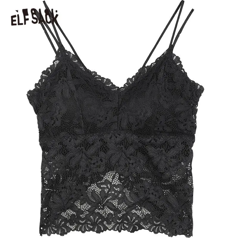 

ELFSACK Soldi Pure Contrast Lace Sling Casual Women Crop Tops 2021 Spring ELF Sleeveless Korean Sexy Ladies Daily Camis Top