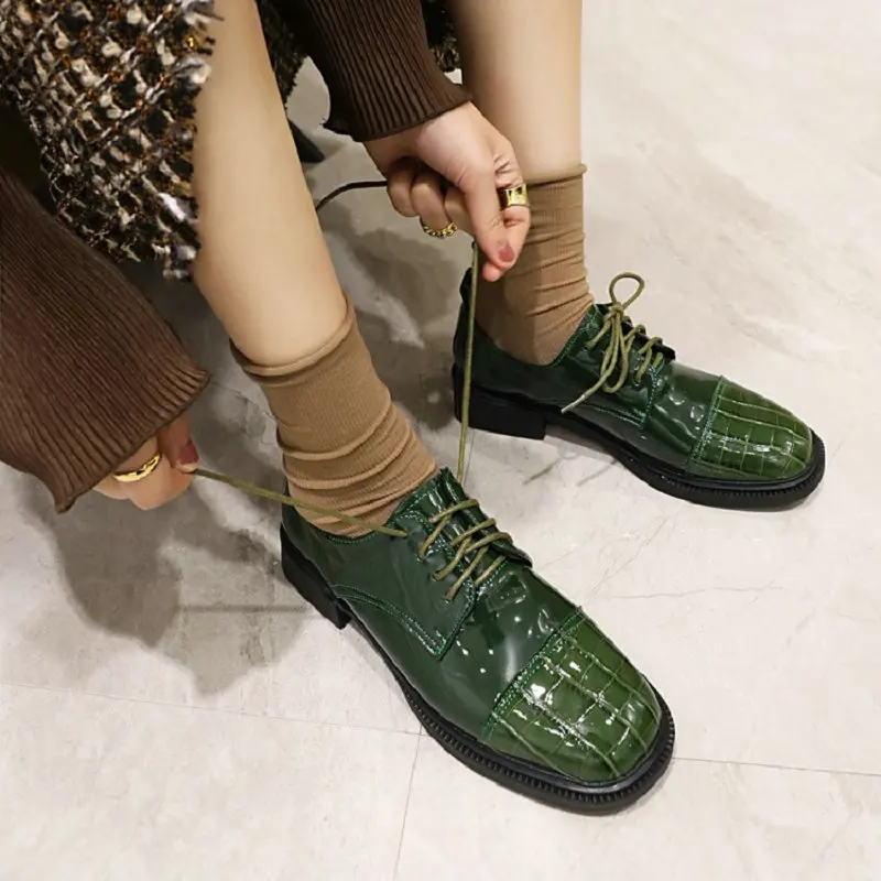 

Sianie Tianie New Patent Pu Leather Square Toe Thick Sole Pink Olive Office Working Shoes For Woman Size 34-42 Women Derby Shoes
