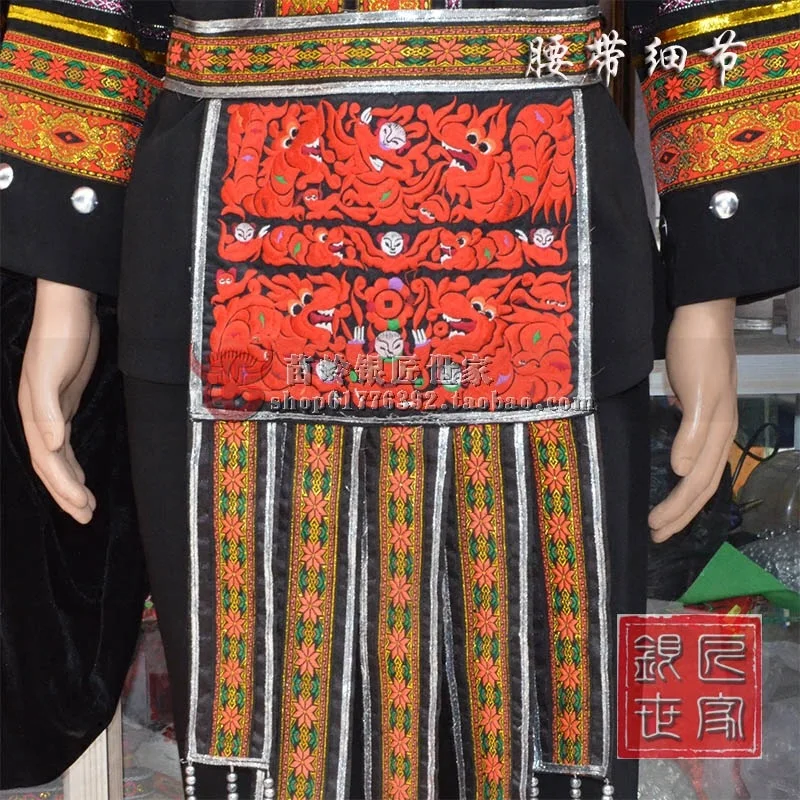 Ethnic Fashion Minority Group Tong Miao Stage Performance Traditional Costume Black Embroidery Bull Fighter w Hat | Тематическая
