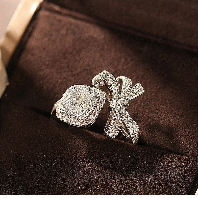 

S925 Sterling Silver Anillos 2 Carats Diamond Ring for Women Bijoux Femme Bague Bowknot Bague Silver 925 Jewelry Rock Rings Box
