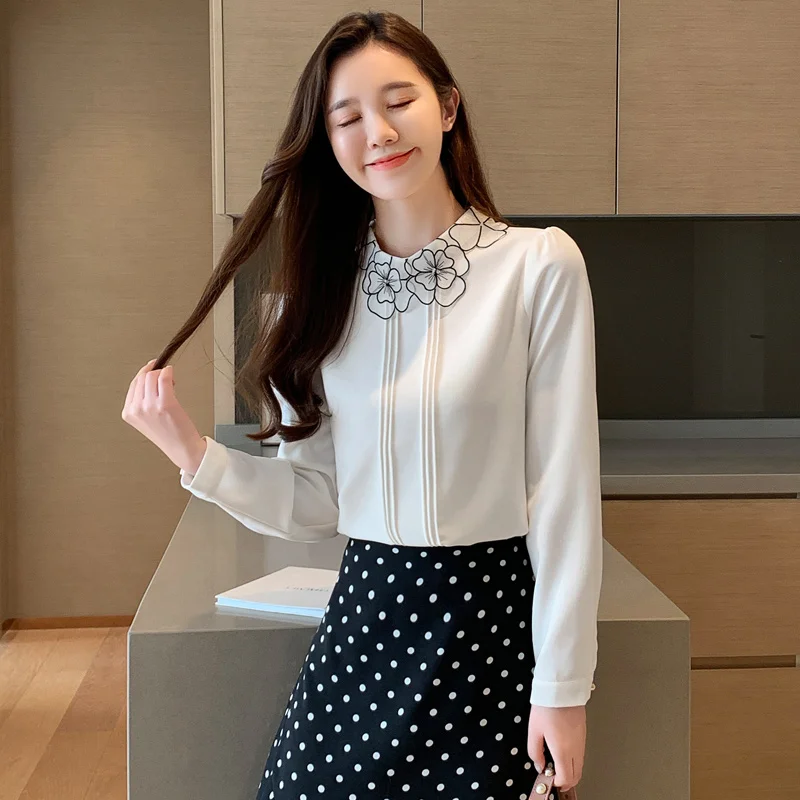 Женская шифоновая блузка с цветочной вышивкой в Корейском стиле | одежда