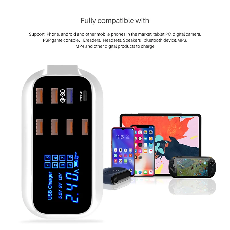 universal mobile phone 8 port quick charge 3 0 usb charger pd 18 w multi usb charging station dock desktop wall home eu uk plug free global shipping