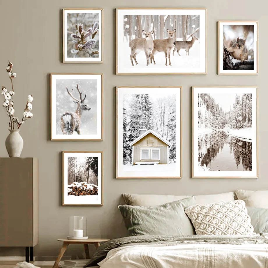 

Winter Forest Lake Cabin Deer Wood Leaf Wall Art Canvas Painting Nordic Posters And Prints Wall Pictures For Living Room Decor