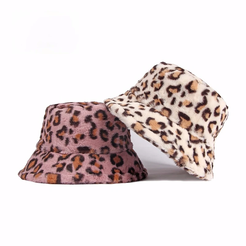 

2021 New Winter Cap Korean Women 56-58cm Plush Leopard Print Bucket Hats Warm Imitation Rabbit Hair Fisherman's Hat Free Size