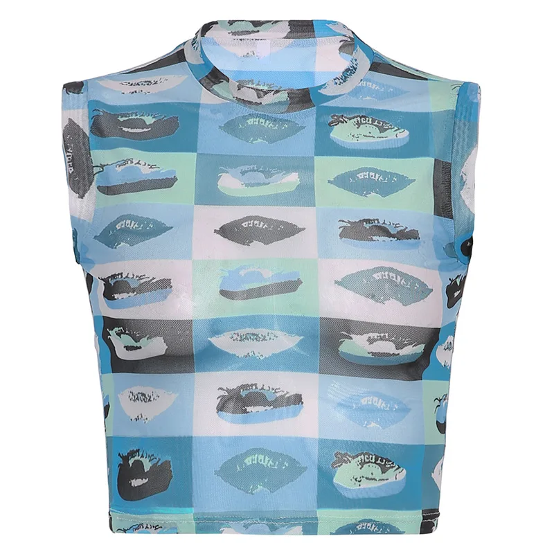 

Sexy lip mesh screen perspective print hit color body round collar exposed umbilical short small vest top girl