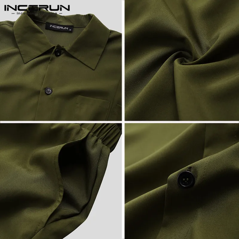 

INCERUN Fashion Men Cargo Overalls Half Sleeve Jumpsuits Solid Joggers Chic Button Rompers Street Style Casual Men Pants 2020