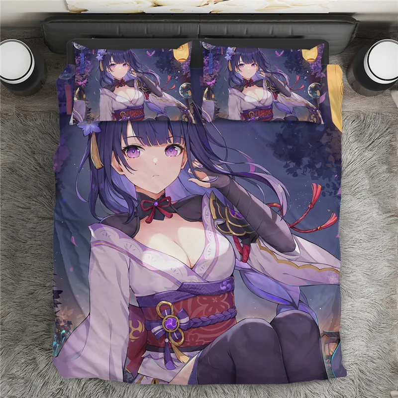 

Genshin Impact Raiden Shogun Print Duvet Cover Sets 2021 Fashion Anime Game Bedding Sets for Boys Girls Comfortable Home Textile