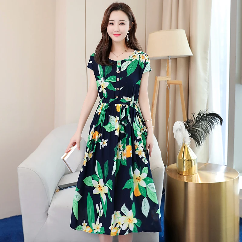 

Long Summer Dress Print High Waist Lace Up Buttons o Neck Ladies Casual Dresses Short Sleeve Plus Size a Line Dress for Female