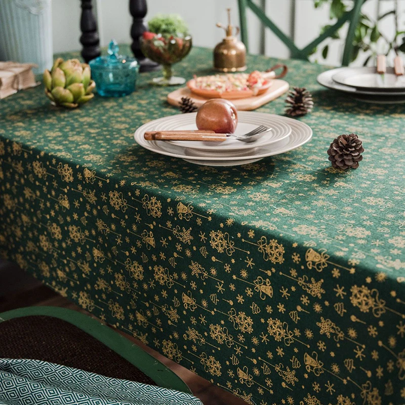 Популярная зеленая Золотая скатерть на стол с рождественской елкой хлопковая