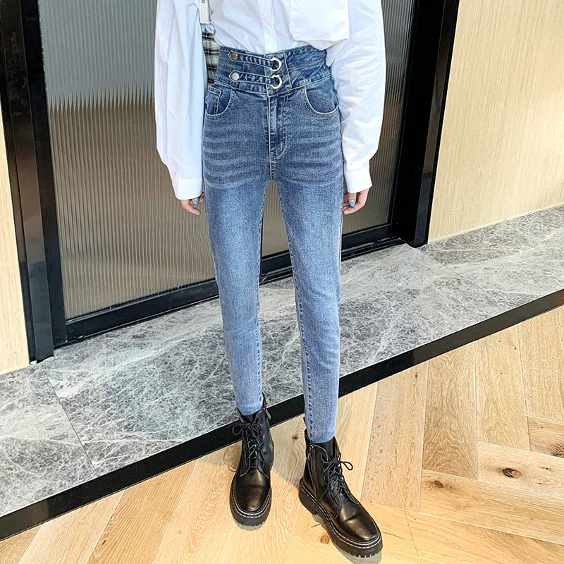 

2021 Women High Waist Double Breasted Pencil Jeans Female Streetwear Denim Trousers Autumn Lady Stretch Straight Length Pants
