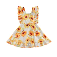opperiaya kids backless dress baby girls sunflower print square collar fly sleeve ruffled for summer yellow dresses 2 7 years