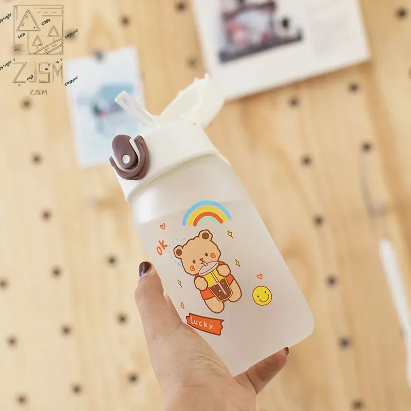 

300ML/500ML Cute Bear Glass With Straw Matte Cartoon Print High Capacity Easy to Carry Travel Water Cup Milk Mug Child Girl Gift