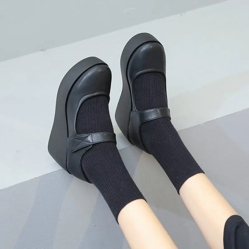 

Woman Ankle Strap Round Toe Ladies Mary Jane Dropshipping Spring Pumps Fashion PU Leather Platform Shoes Wedge High Heels Women