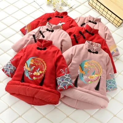 Китайский стиль зимний детский костюм Ципао Тан зимнее детское парки с вышивкой