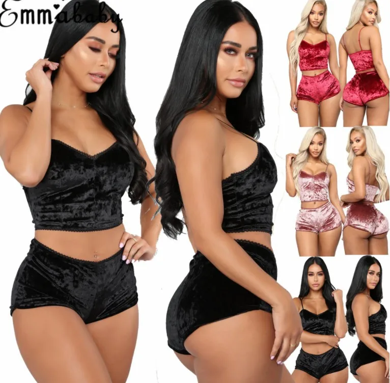 

US Fashion Women 2pcs Velvet Sleepwear Sexy Spaghetti Strap Velvet Pajama Set Ladies Party Set or Slim Beach Shorts