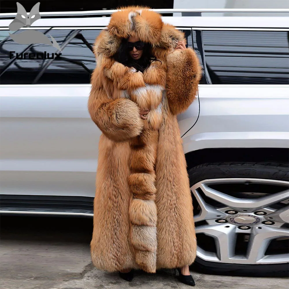 Furealux Новая шуба из натурального Лисьего меха с длинными рукавами Роскошная