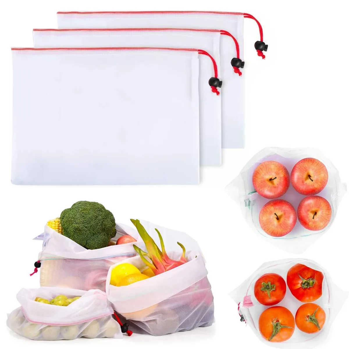

10Pcs Durable Cotton Mesh Bag Reusable Mesh Produce Bags Eco-friendly Vegetable Fruit Shopping Grocery Bag with Drawstring