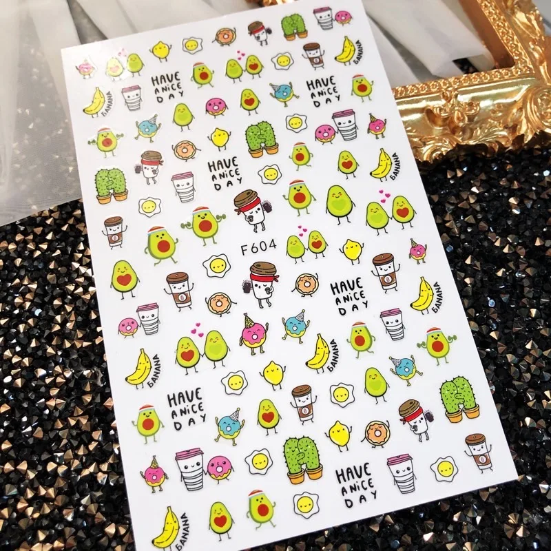 

3D Cartoon Nail Stickers Fruit Sketch Abstract Orange Image Peach Nail Art Decor Sliders Manicure Stickers for Nails