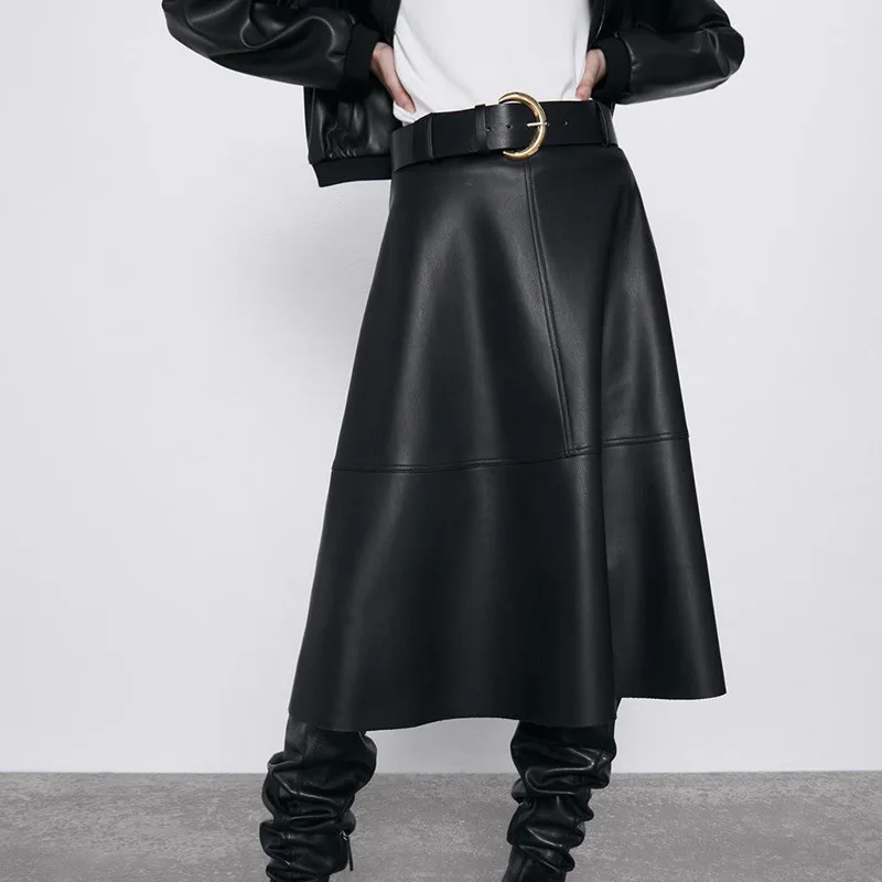 

2020 New Style Autumn Winter Pu Leather Skirt Skirt Metal Splicing A- line Skirt womens within belt midi PU Leather Skirt Women