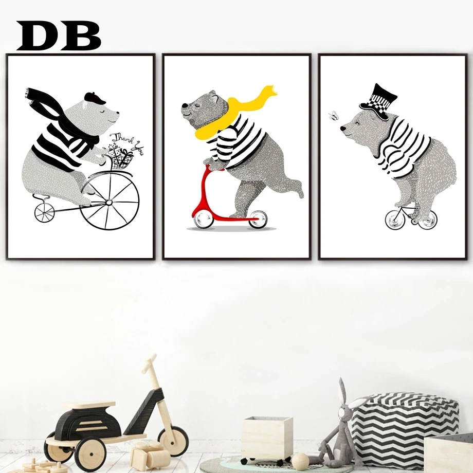 

Cartoon Bear Bicycle Nordic Posters And Prints Wall Art Canvas Painting Nursery Art Prints Wall Pictures Baby Kids Room Decor