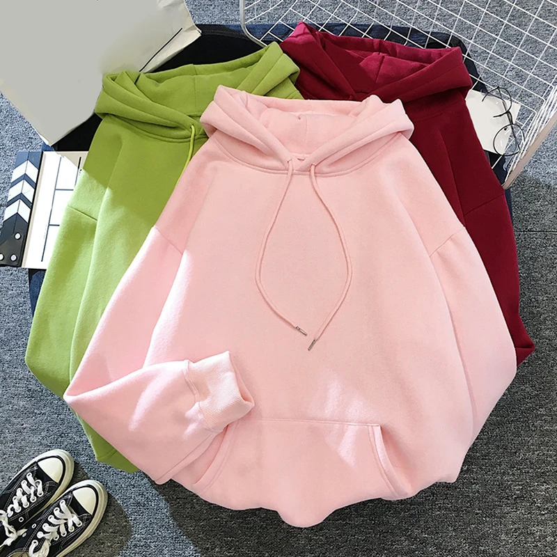 

Korean Style Solid Hoodie With Kangaroo Pocket For Women Girl Autumn Winter Hooded Sweatshirts Sudaderas Con Capucha