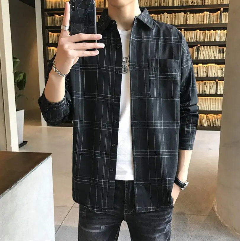 

Men Plaid Shirt 2021 Spring autumn Korean Casual Long Sleeve Slim Fit Pocket High Quality Shirts Man Tops w1768