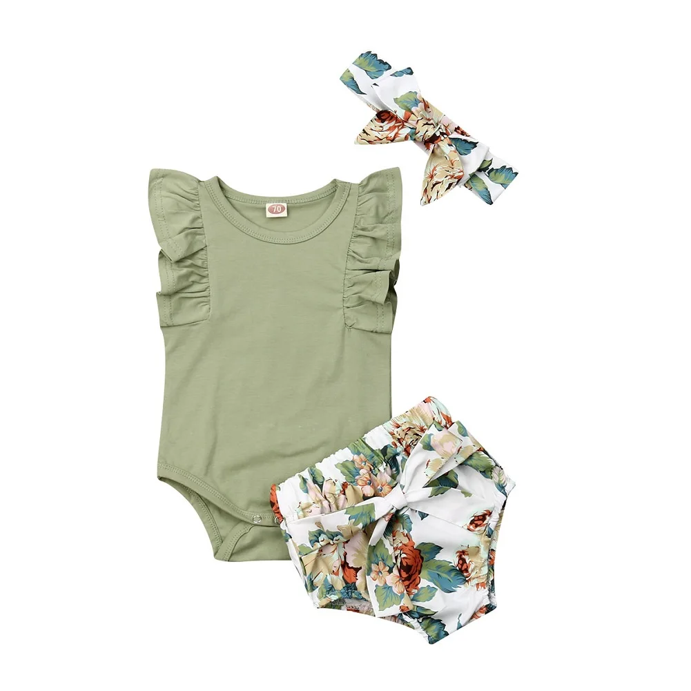 2019 Toddler Newborn Infant Baby Girls Clothes Set Ruffle Sleeveless Bodysuit Green Floral Shorts Headband Clothing Outfit 3PCs |