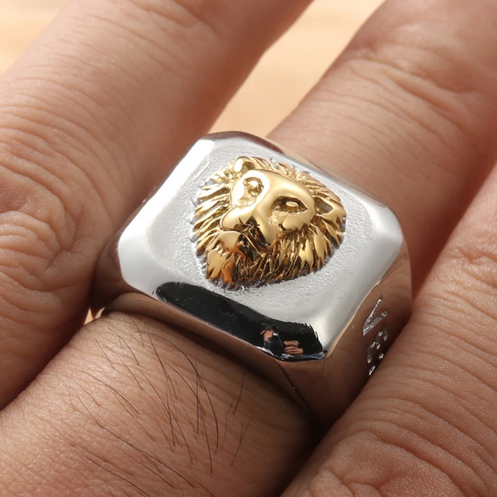 

Unique Hip Hop Fashion Mens Gold Ring Lion Punk Vintage Stainless Steel Biker Lion Head Ring Animal Jewelry Gift Wholesale