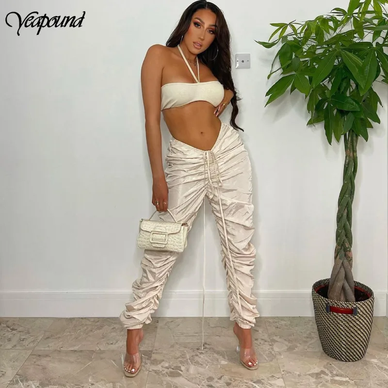 

Брюки-карго с высокой талией и рюшами, женские эластичные джоггеры, летние брюки в стиле хип-хоп, брюки со шнуровкой и оборками