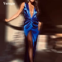verngo royal blue satin long prom dresses deep v neck draped high slit sexy evening gowns fashion women party dress