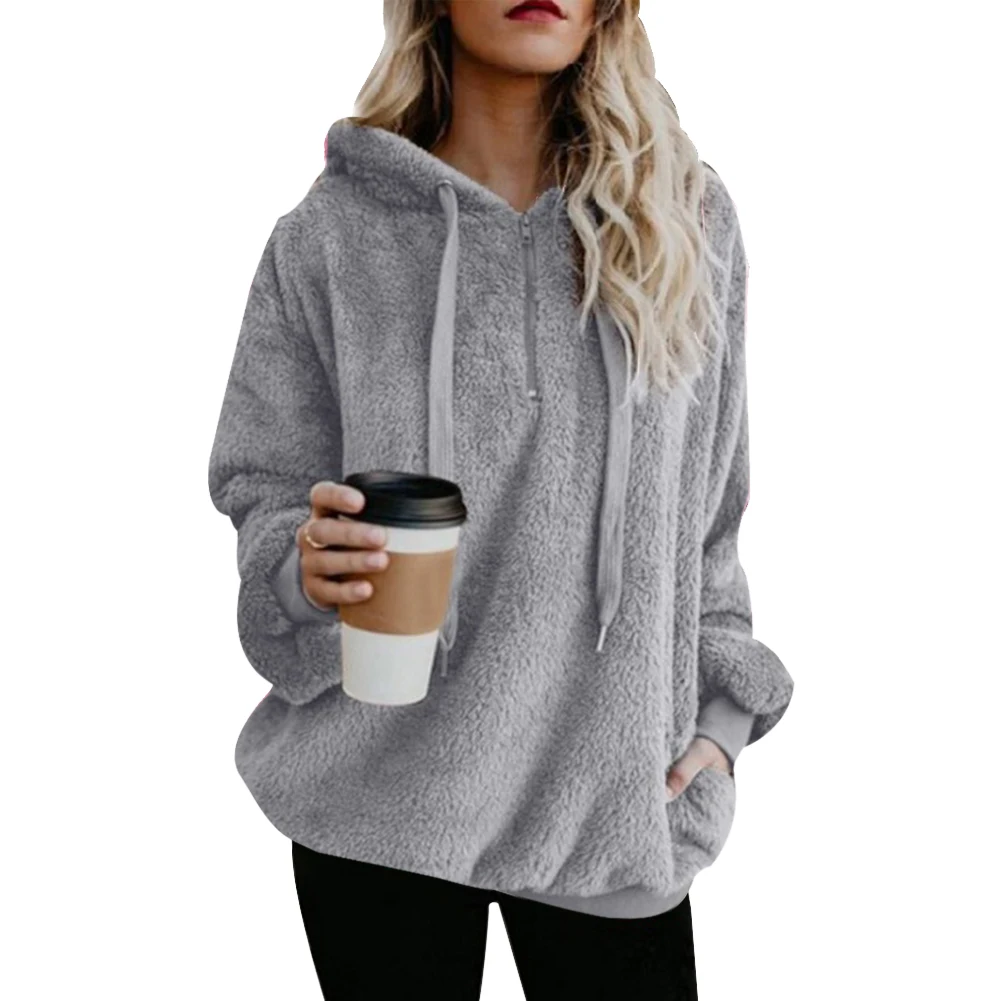 Women Autumn Winter Fleece Hoodie Solid Color Long Sleeve Drawstring Hooded Sweatshirt Loose Ladies Pullover