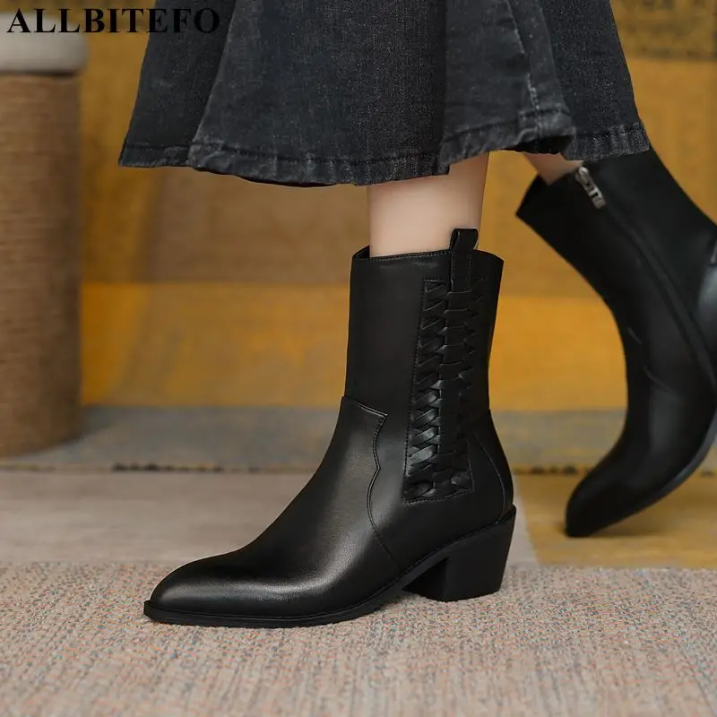 

Женские ботинки на толстом каблуке ALLBITEFO, модные удобные мягкие ботильоны из натуральной кожи, обувь на высоком каблуке, размеры 34-42