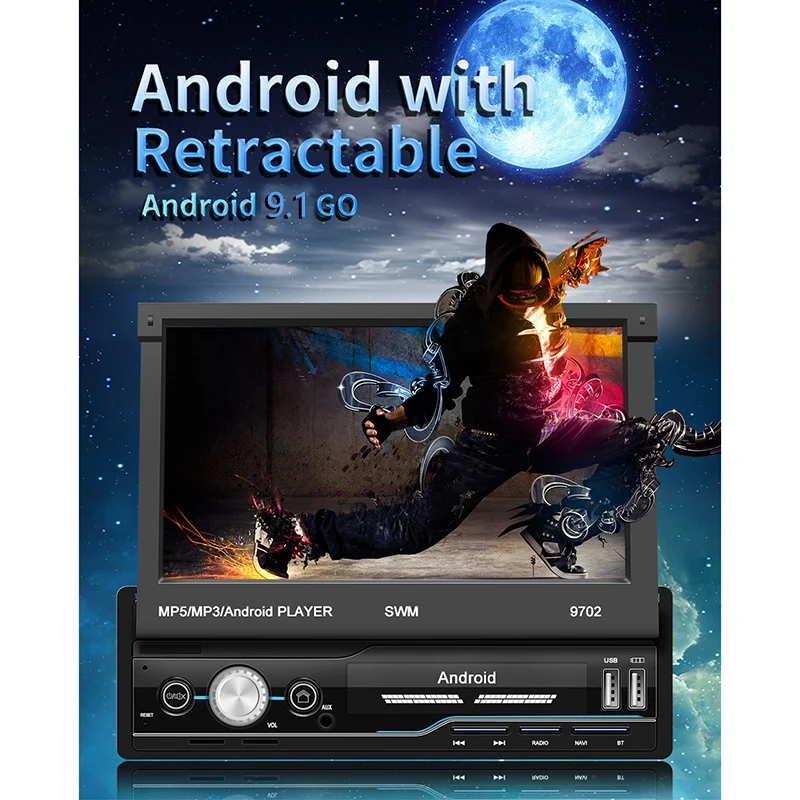 1Din Android 9.1 Car Radio 7 Inch Retractable Press Sn Stereo MP5 Player GPS FM WiFi Bluetooth Multimedia |