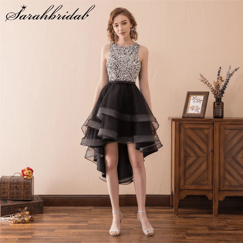 

Sparkle Homecoming Dresses Scoop Neck Sleeveless A Line Cocktail Gown Sequins Tiered Skirts Short Hi Lo Vestidos Cortos 6670