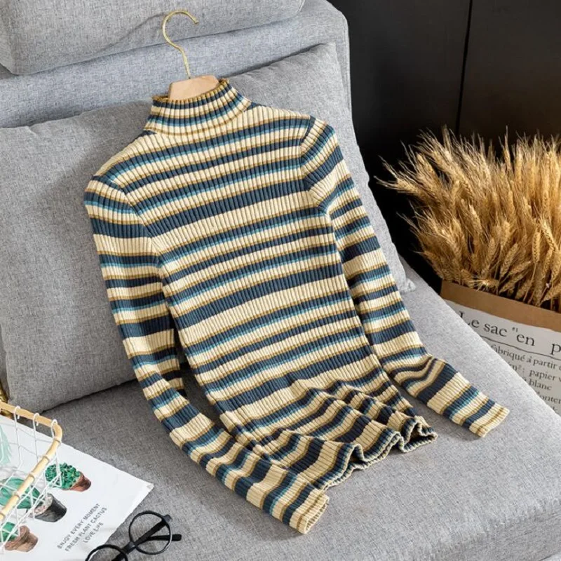 

Autumn Winter Long Sleeve Striped Pullover Women Sweater Knitted Sweaters Mock Neck Tops Korean Pull Femme Jumper Ladies