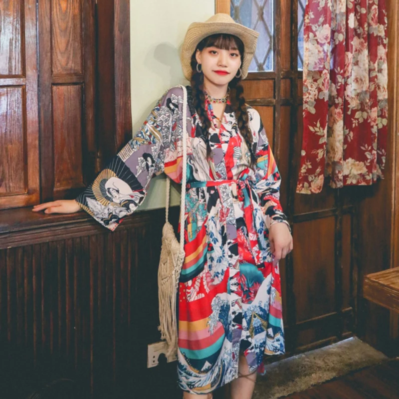 

Женский кружевной кардиган в стиле ретро, свободное платье с длинными рукавами-фонариками и сетчатым инфракрасным принтом, Пляжное Платье ...