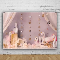 laeacco white swan pink curtain happy baby birthday decor photography backdrops kids portrait customized banner photo background